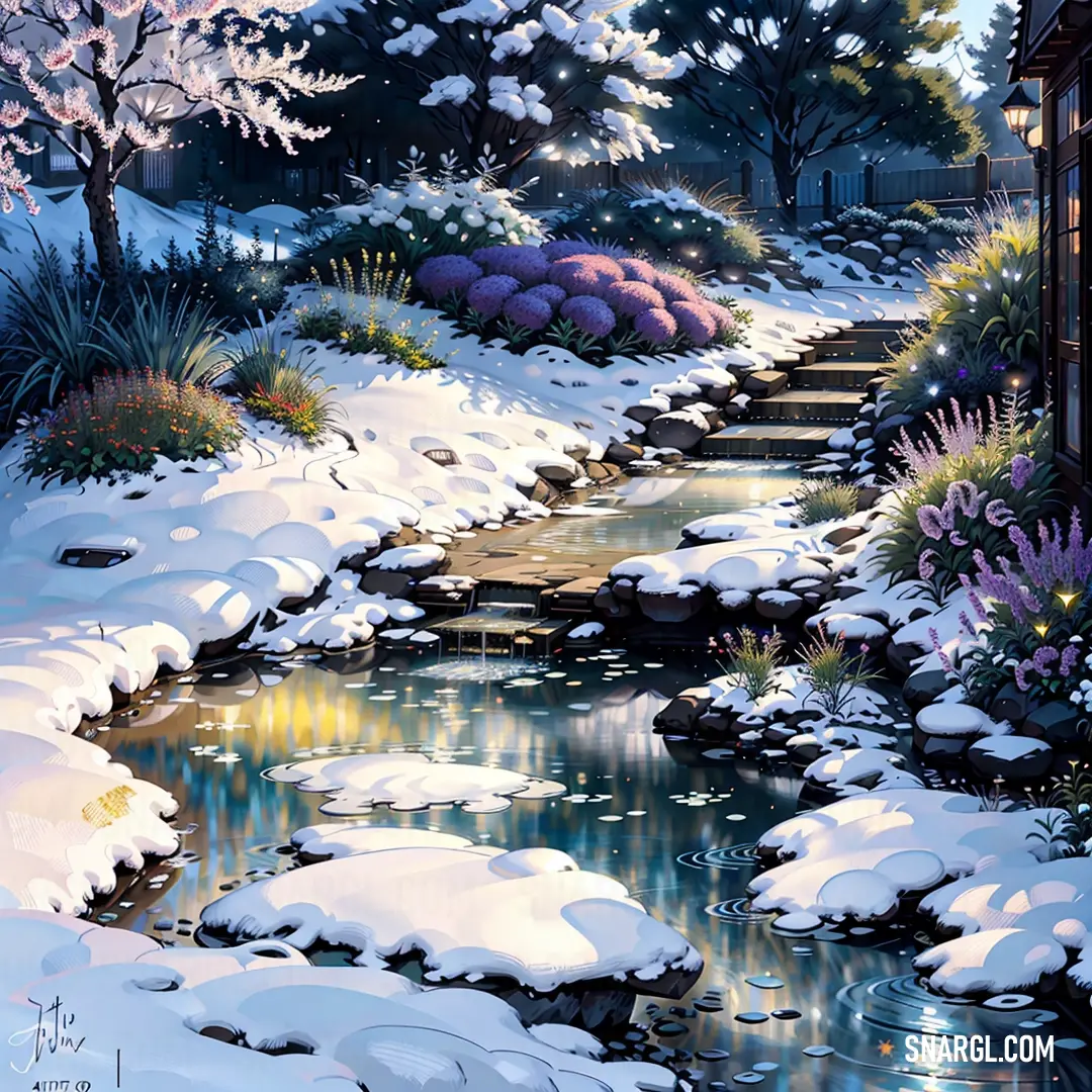 Painting of a snowy landscape with a stream and trees in the background and a lit up lamp post
