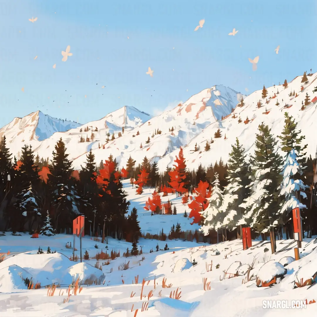 Painting of a snowy mountain with trees and a red flag in the foreground and a blue sky with white clouds