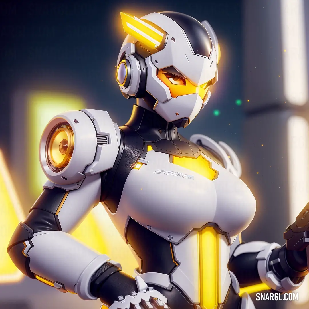 Robot holding a gun in a futuristic setting with a yellow light on its chest and a black and white suit