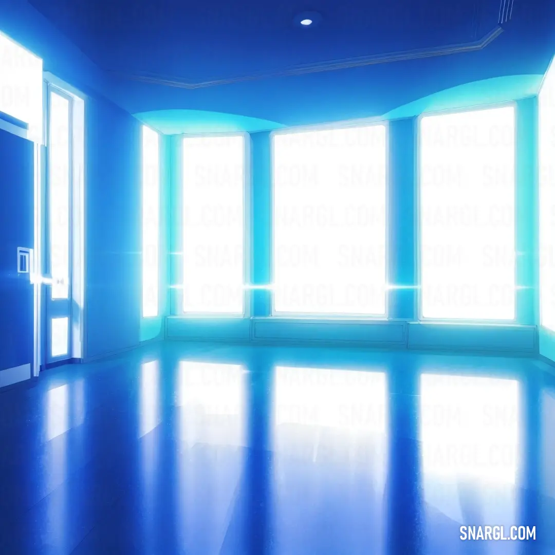 Room with a blue floor and a large window with bright light coming through it and a door leading to another room
