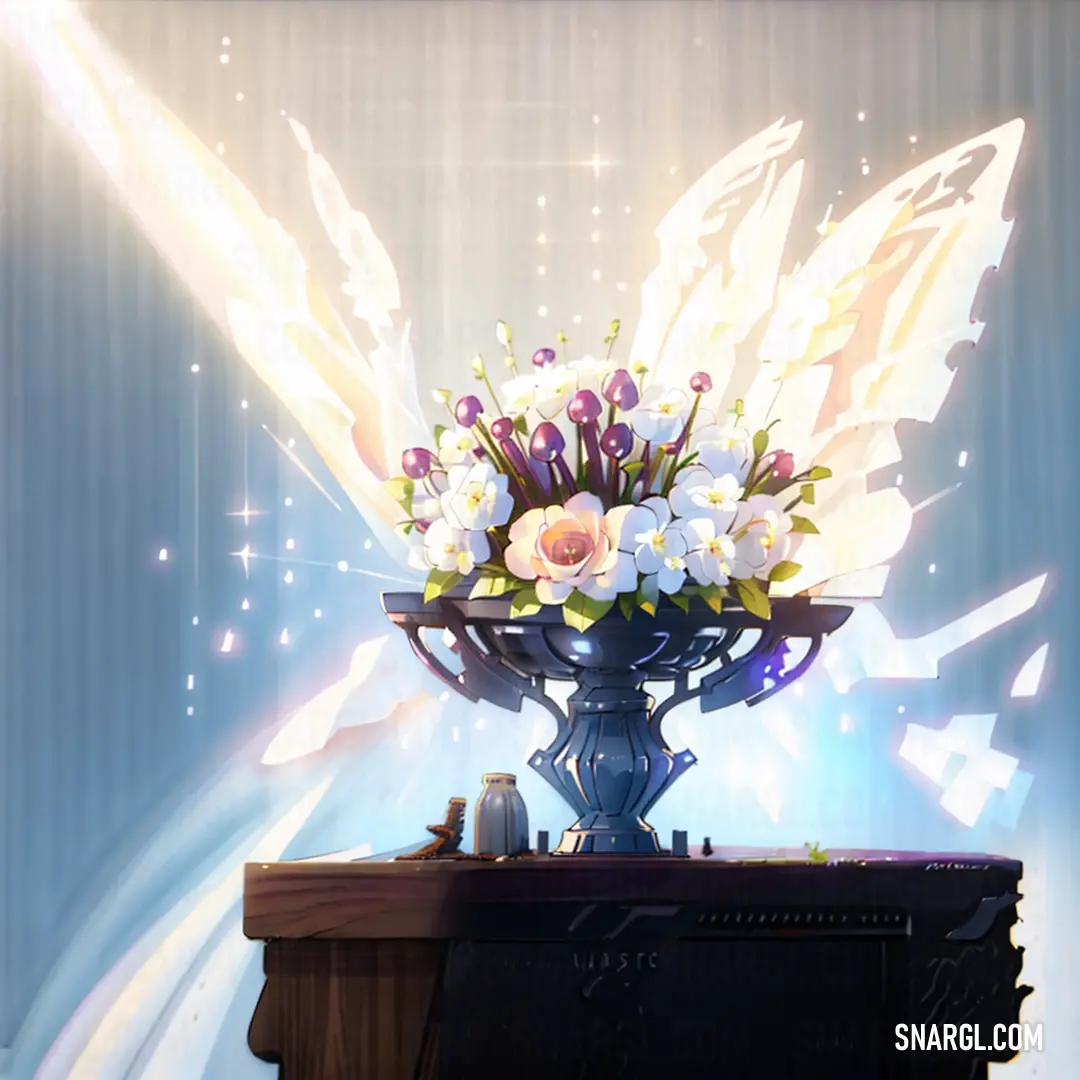 Vase with flowers on a table with a light shining behind it and a butterfly wing above it