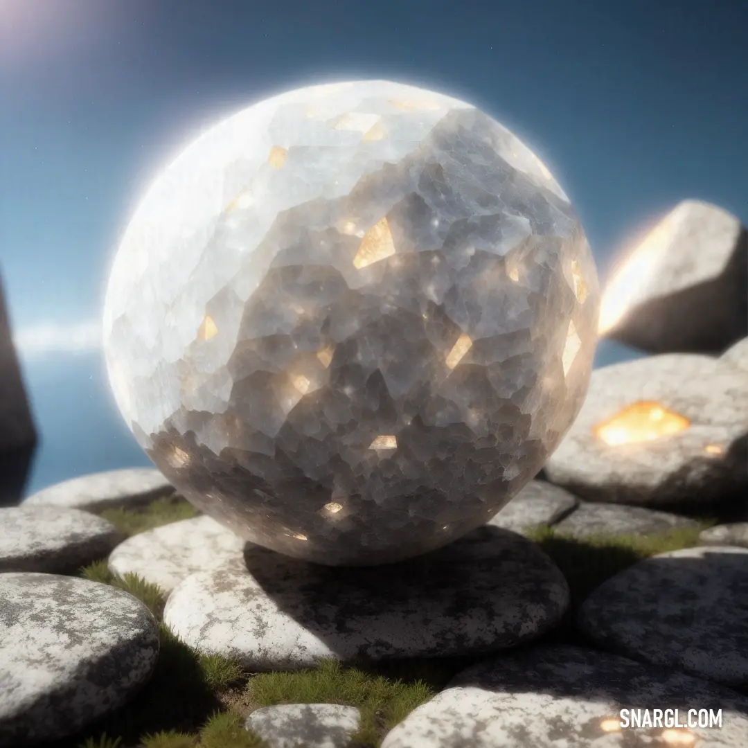 White ball on top of a pile of rocks next to a building with a sky background and sun shining through the clouds