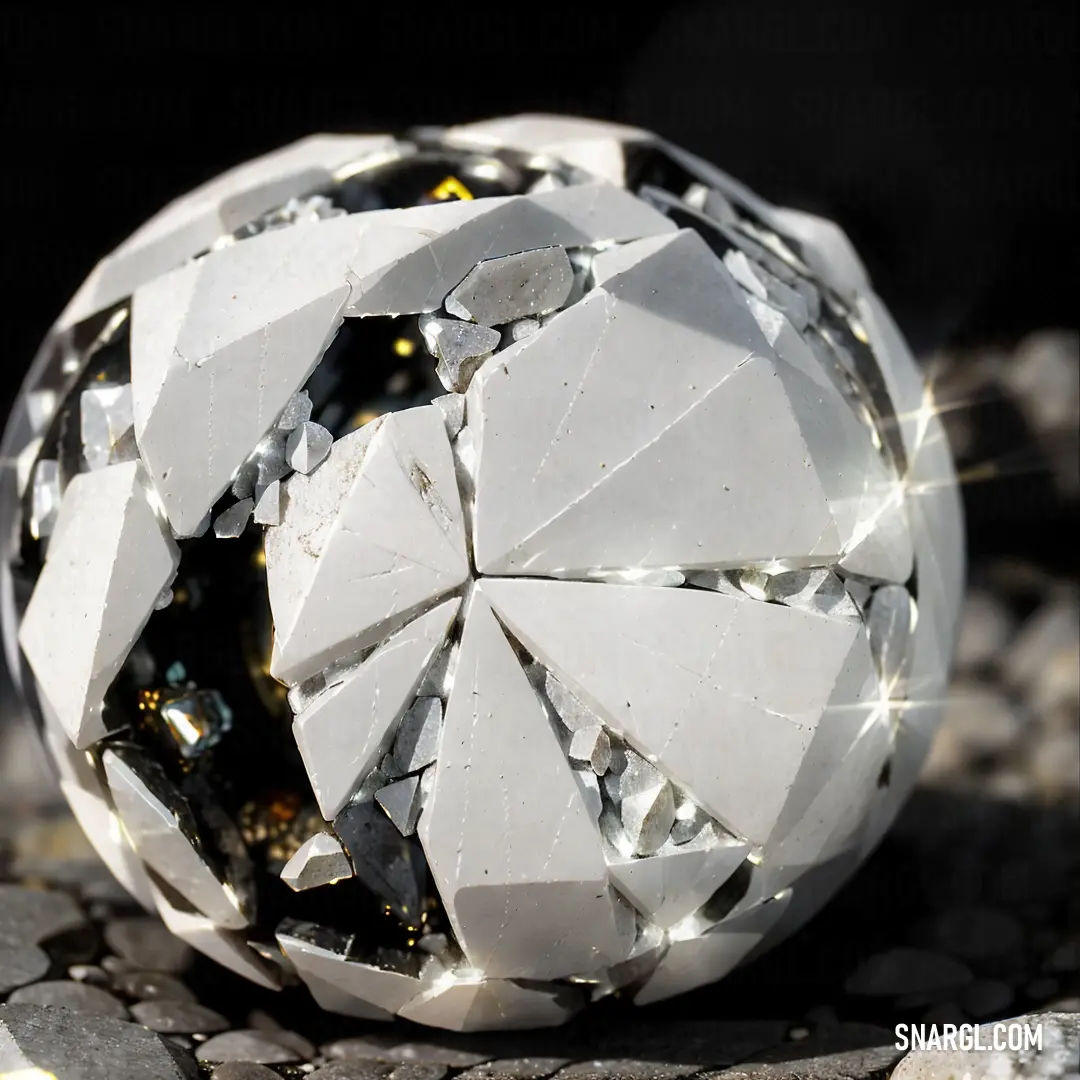 White ball with a broken surface on a rock surface with a black background and a light shining on it