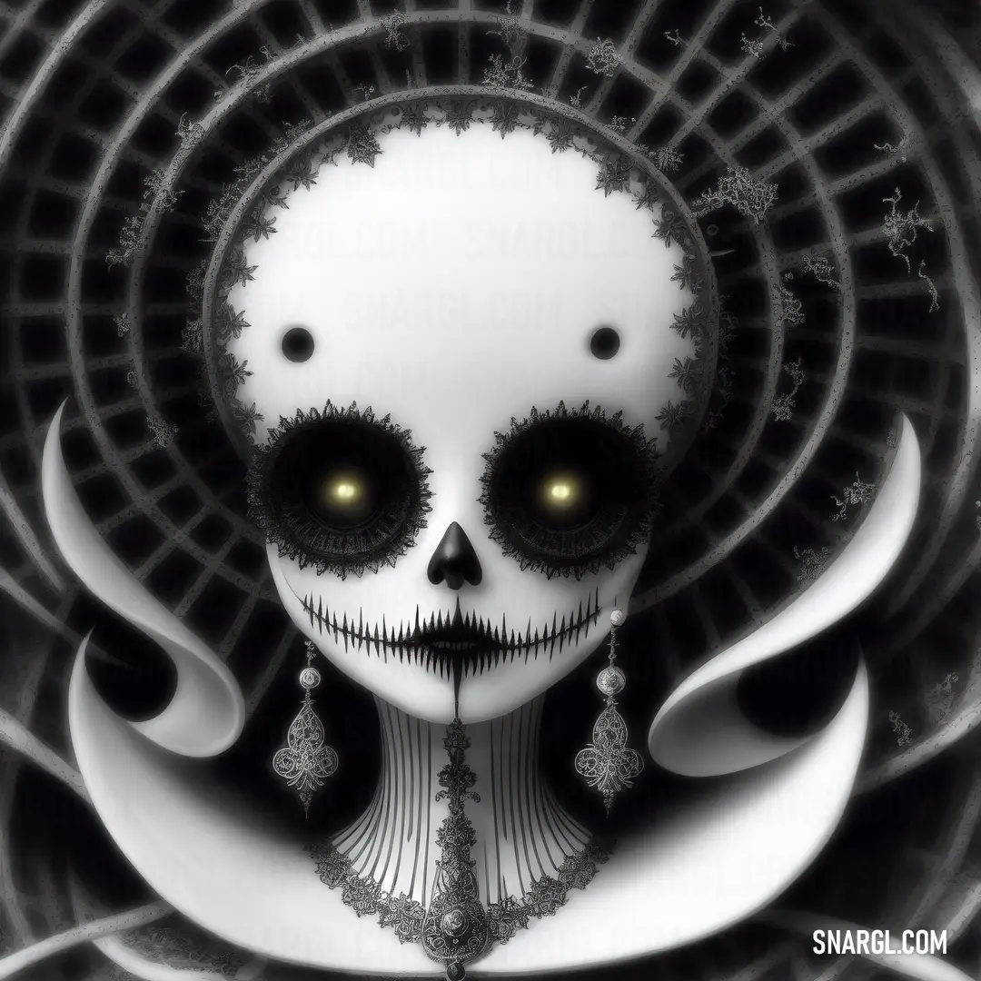 White skull with yellow eyes and a black background with a circular design and a white background with a black