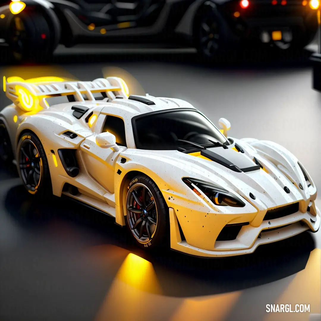 White sports car with a yellow light on it's side and a black car behind it