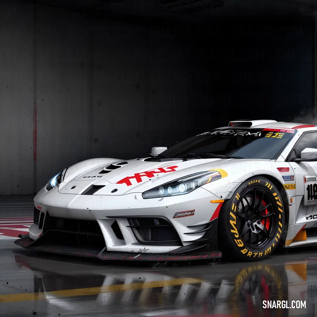 White sports car with a red and yellow stripe on it's side in a garage with a black background