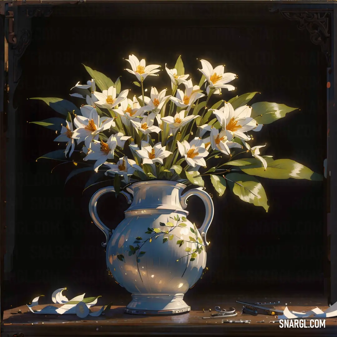 White vase with white flowers in it on a table with a black background and a shadow of a wall