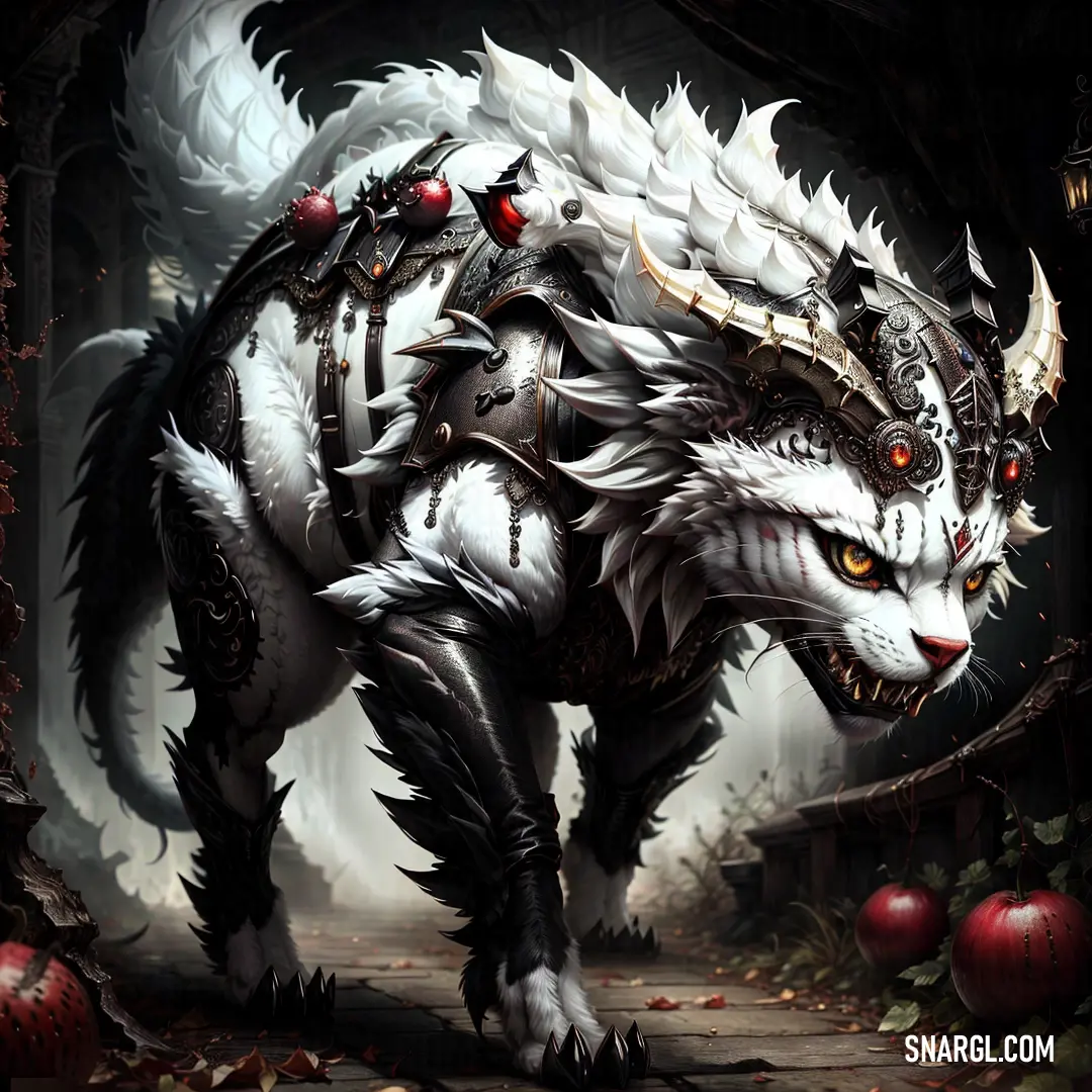 White wolf with horns and horns on its back walking through a forest with apples and leaves on the ground