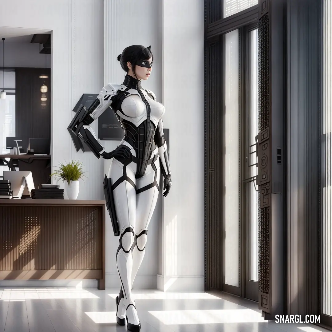 Woman dressed in a futuristic suit and holding a laptop computer in a room with a large window and a desk