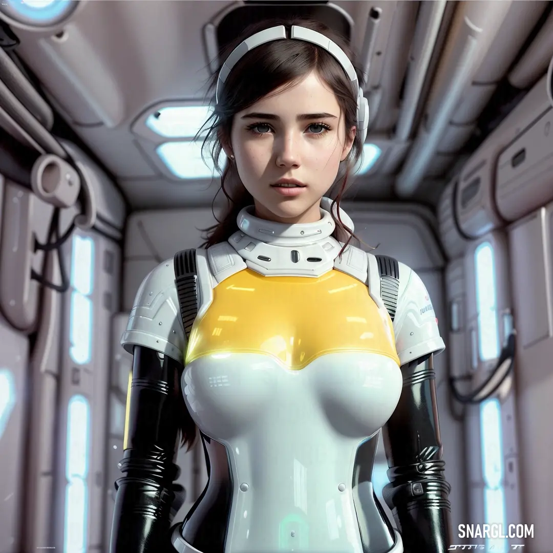 Woman in a futuristic suit with a futuristic helmet on her head and chest