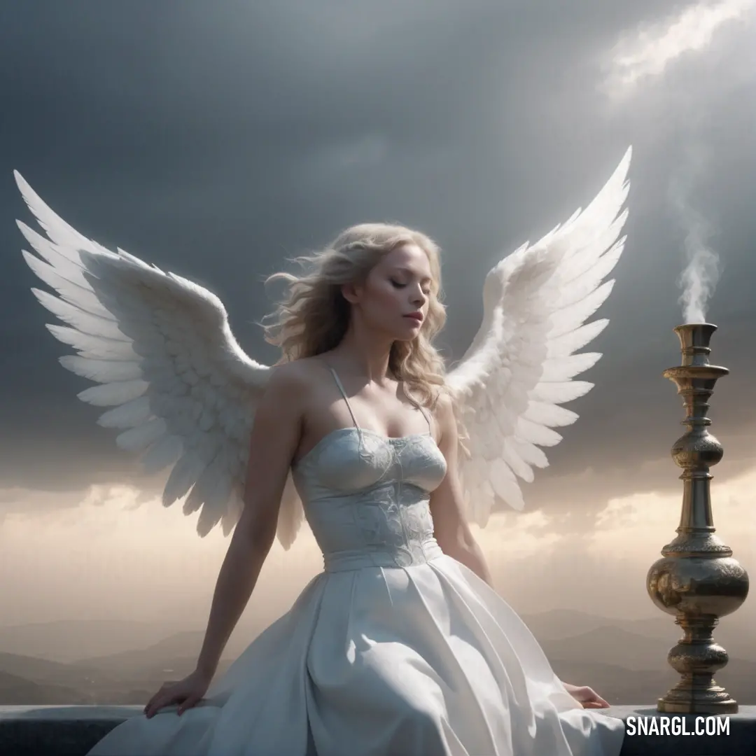Woman in a white dress with wings on a ledge with a candle in front of her and a cloudy sky. Example of Anti-flash white color.