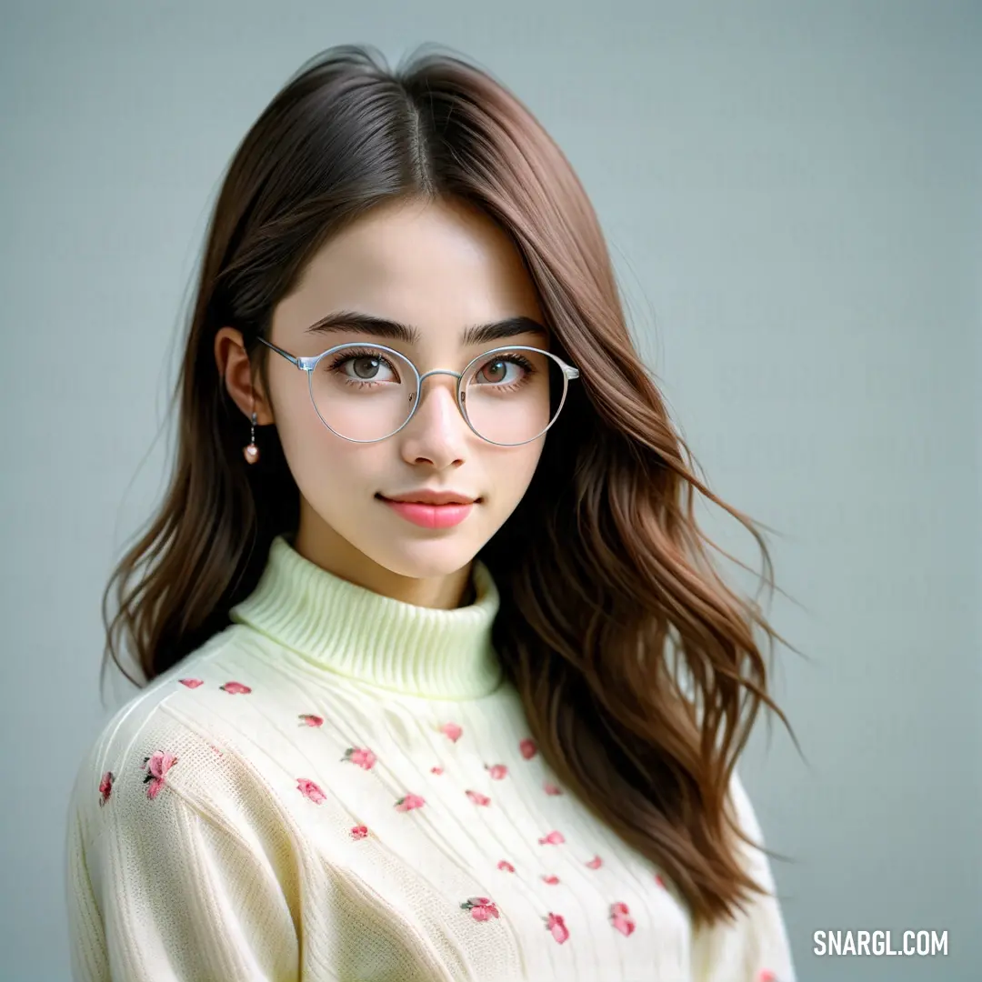 Woman wearing glasses and a sweater with flowers on it's sleeves and neckline. Example of CMYK 1,0,0,4 color.