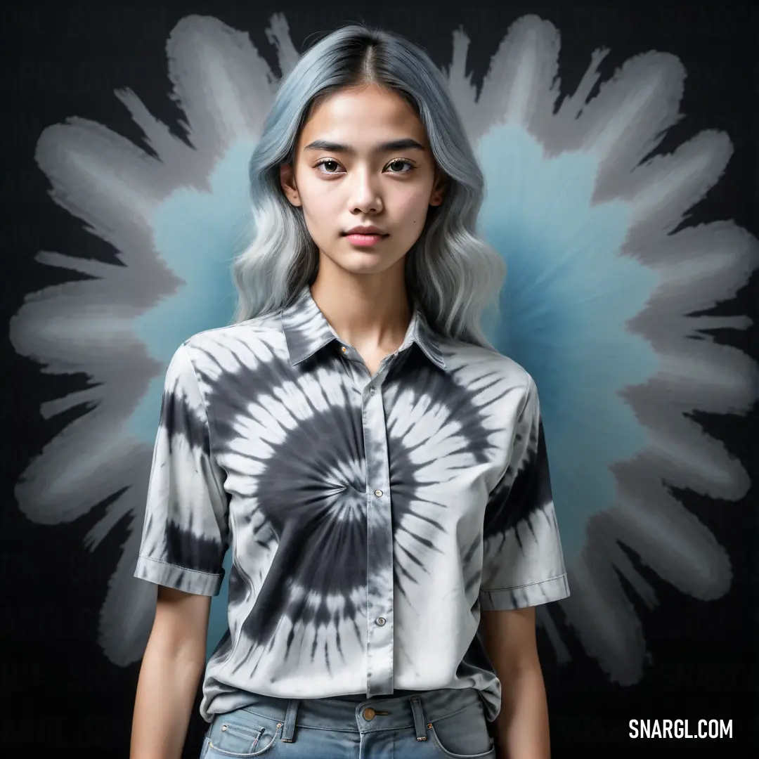 Woman with grey hair and a tie dye shirt is standing in front of a black background with a blue flower. Color CMYK 1,0,0,4.
