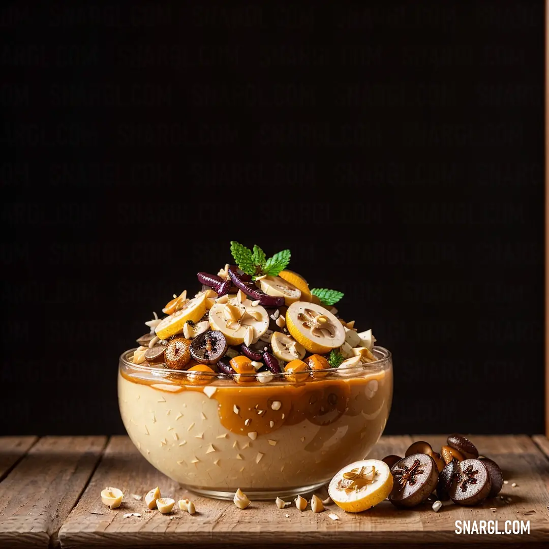 Bowl of food with nuts and other things in it on a table next to a spoon and a glass