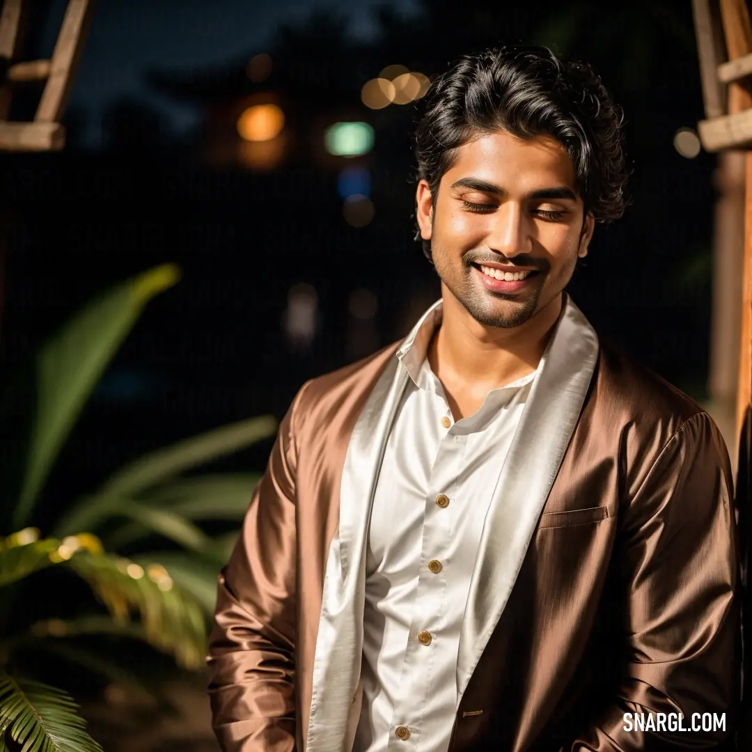 Man in a brown jacket and white shirt smiling at the camera with a plant in the background