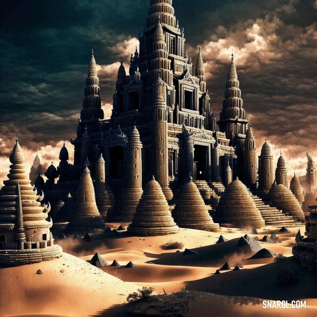 Surreal landscape with a castle in the middle of the desert and a sky filled with clouds above it