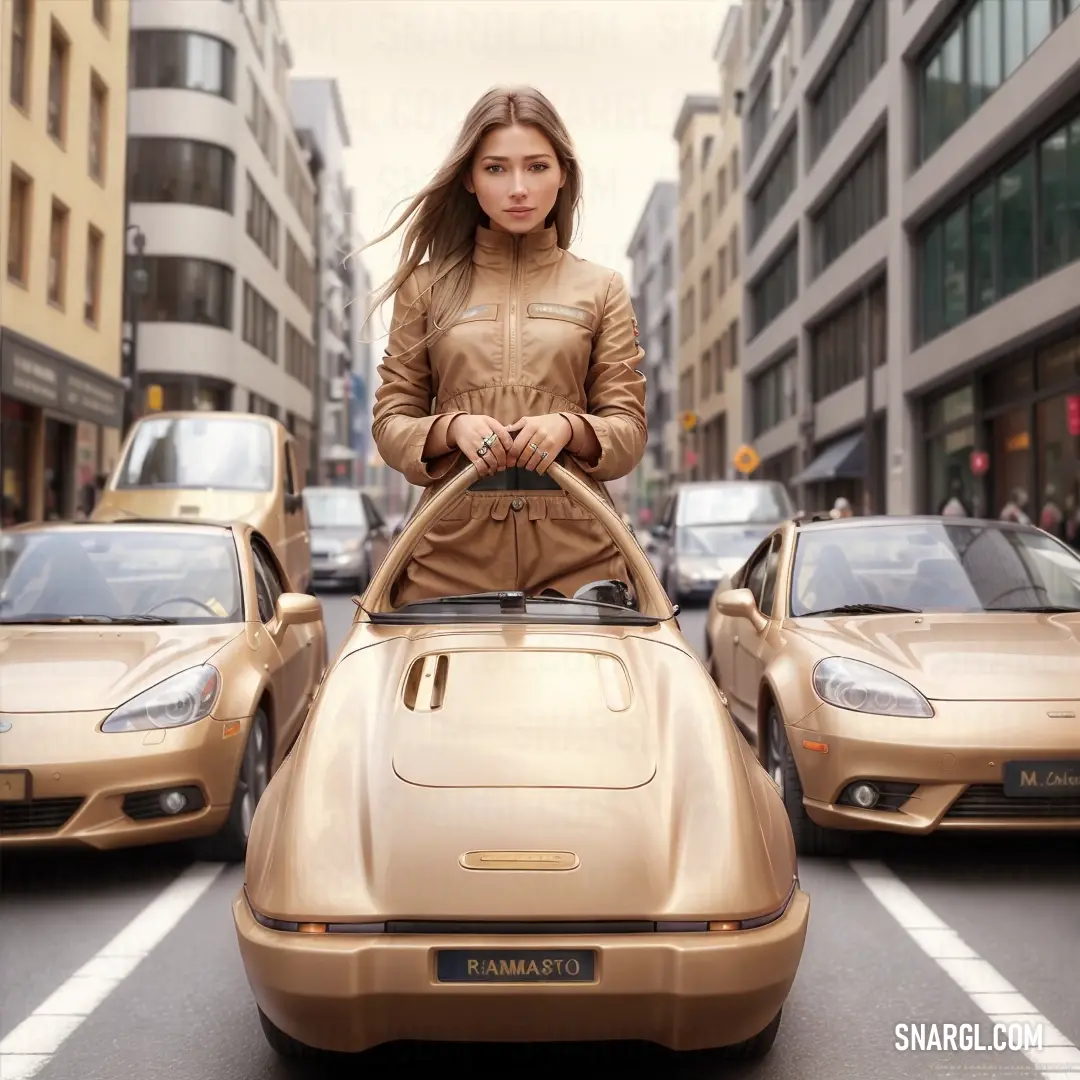 Woman standing in front of a gold car in a city street with other cars behind her