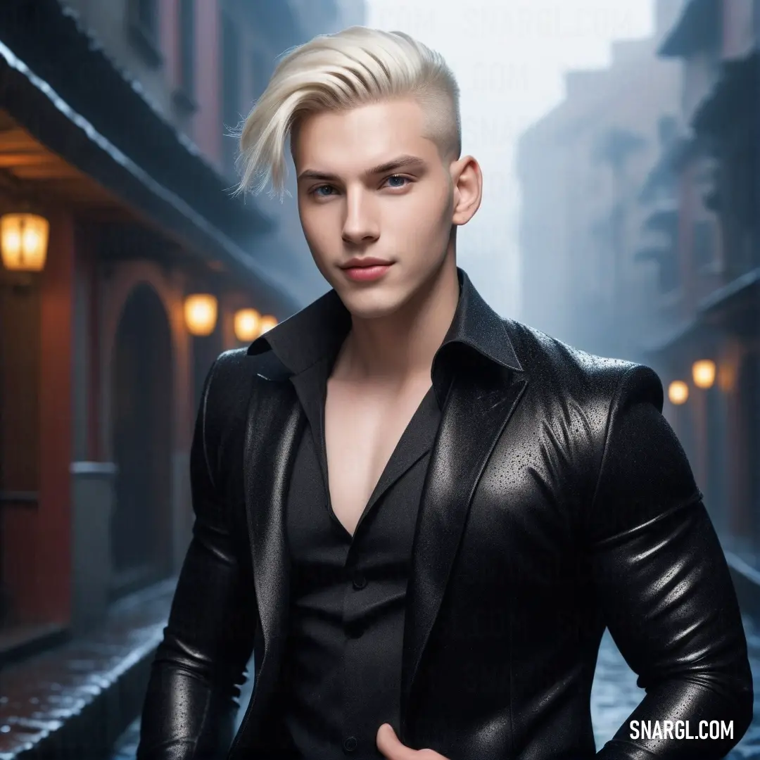 In a night scene filled with city lights, a blonde-haired man clad in a black jacket stands thoughtfully on the corner of a busy street, perfectly framed by the urban backdrop that adds depth to this evening silhouette.