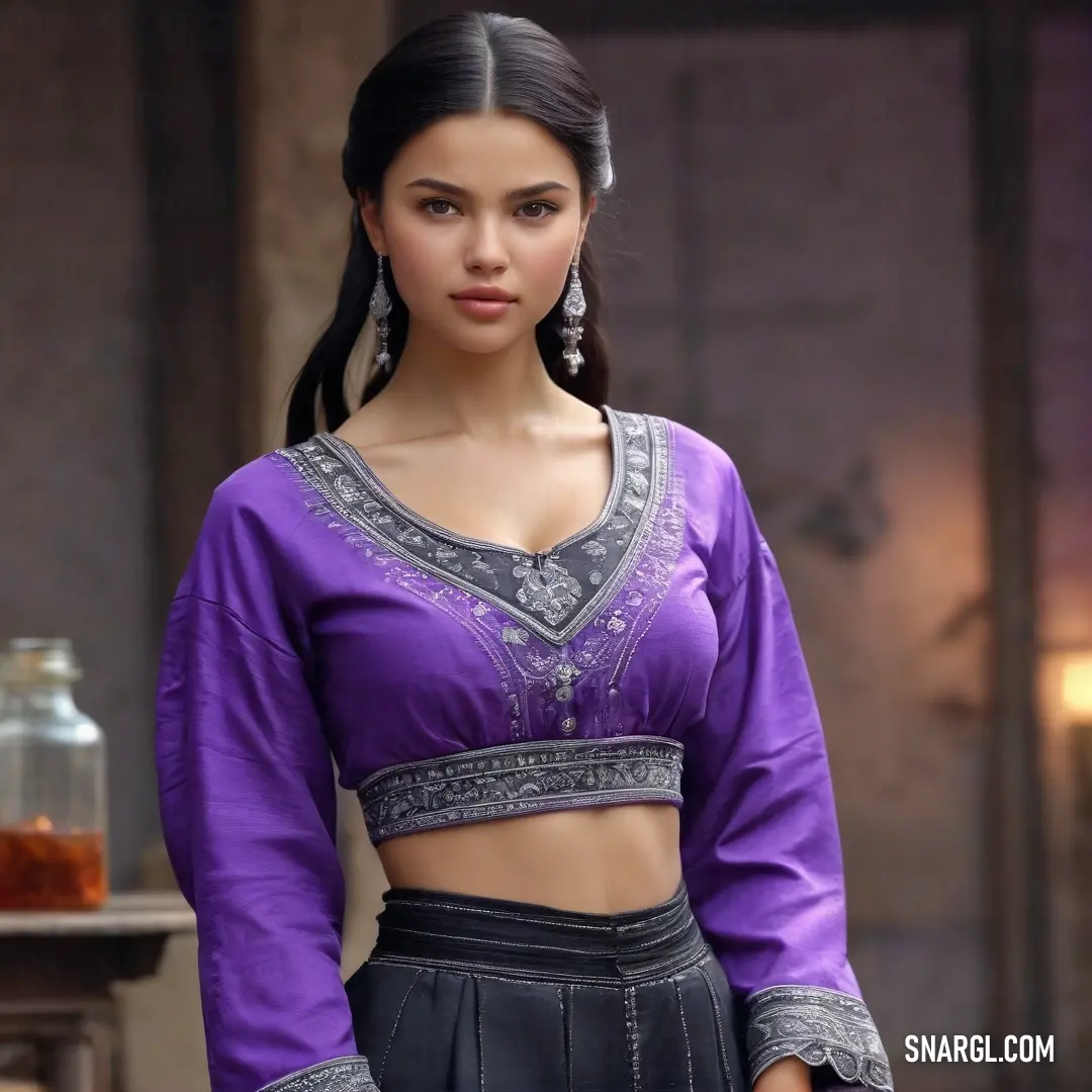 A woman wearing a purple top and black pants stands in front of a shelf stocked with colorful spice jars and a flickering candle, creating a cozy atmosphere.