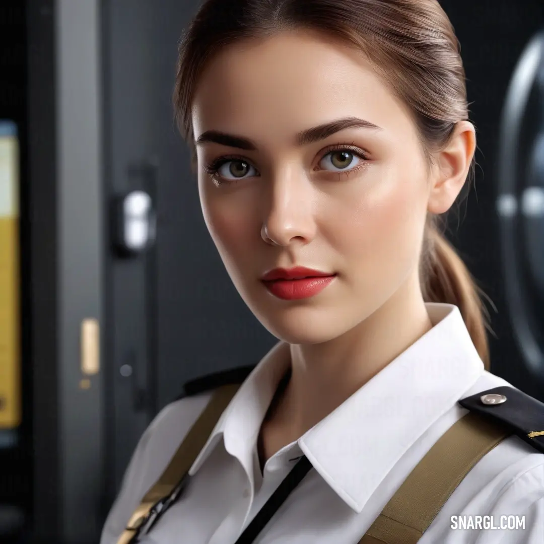 A woman in uniform standing proudly in front of a machine room door, a clock subtly visible in the background. The soft beige color palette adds a sense of professionalism and quiet strength to the scene.