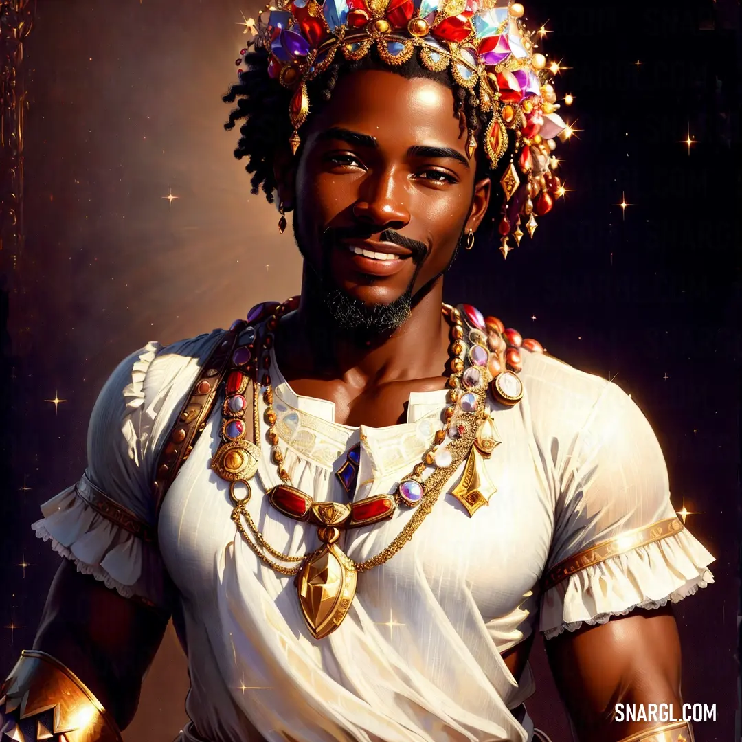 Black man with a crown on his head and a necklace on his neck and a gold chain around his neck