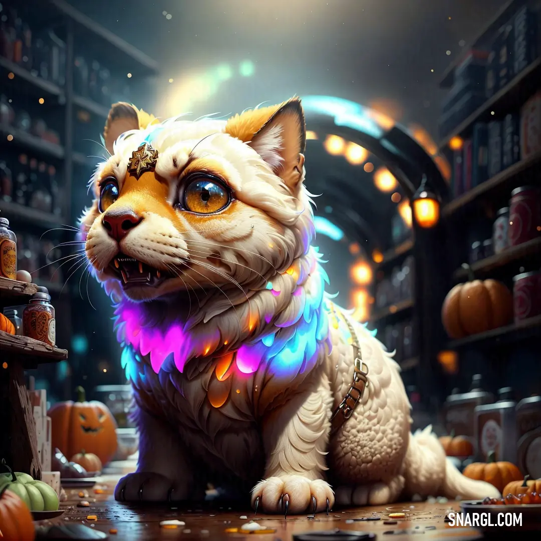Cat with a glowing collar on a floor in a library with pumpkins and bookshelves