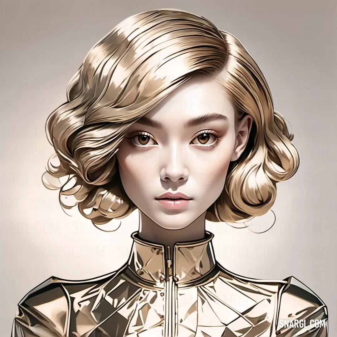 Digital painting of a woman with blonde hair and a gold jacket on her shoulders and shoulders. Color Antique white.
