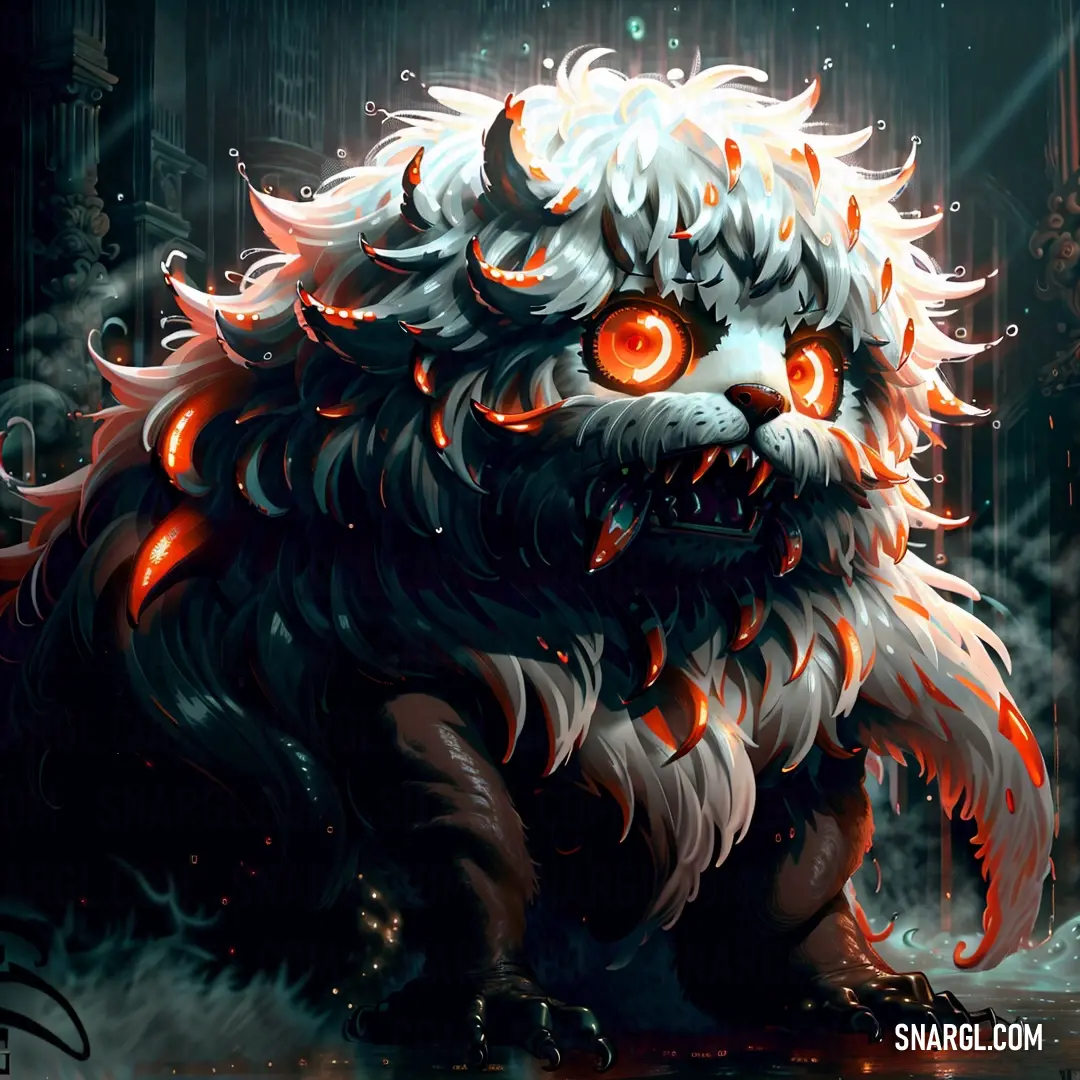 Furry creature with red eyes and a white fur coat with red eyes and a black body with red eyes