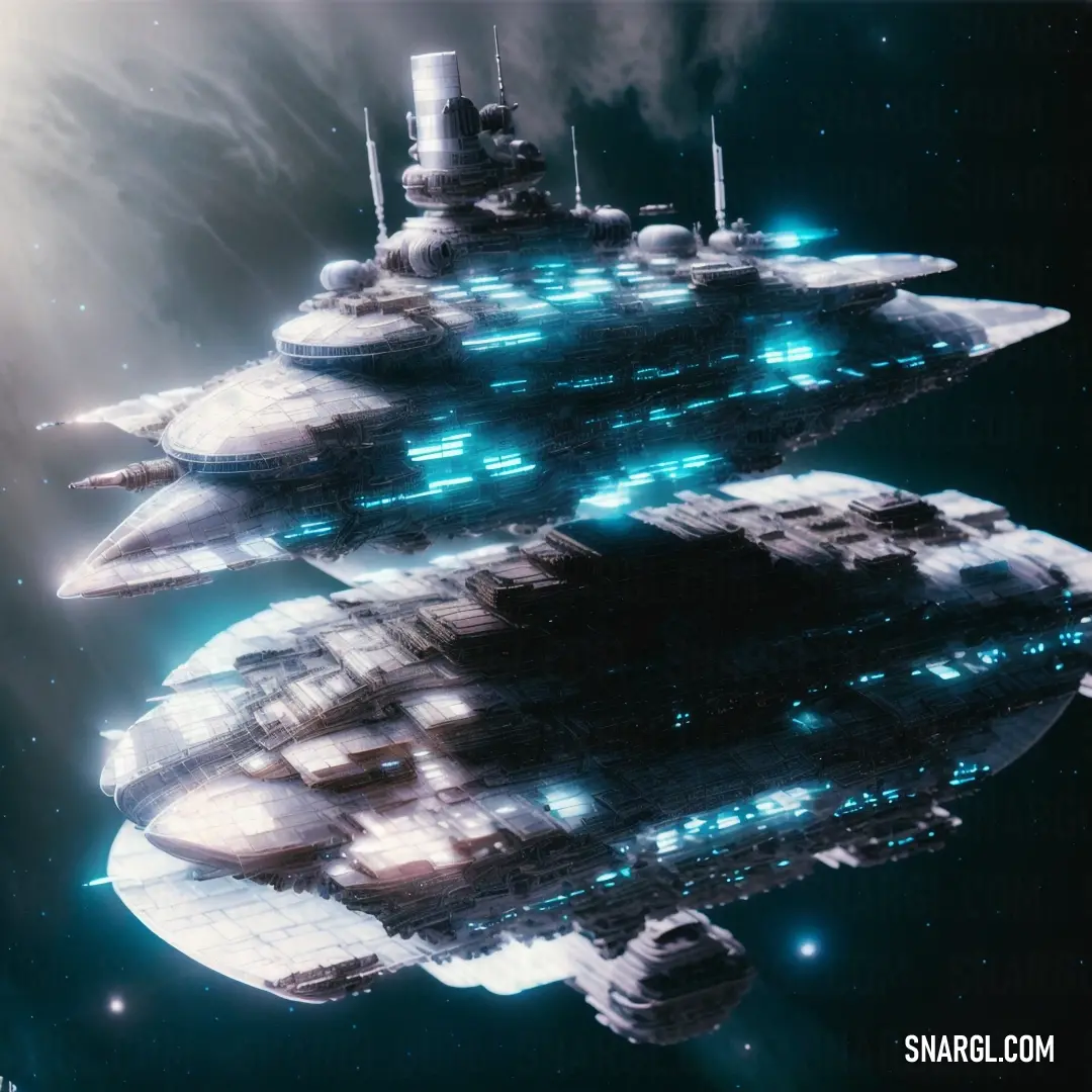 Futuristic ship floating in the air with lights on it's sides and a space station on top of it