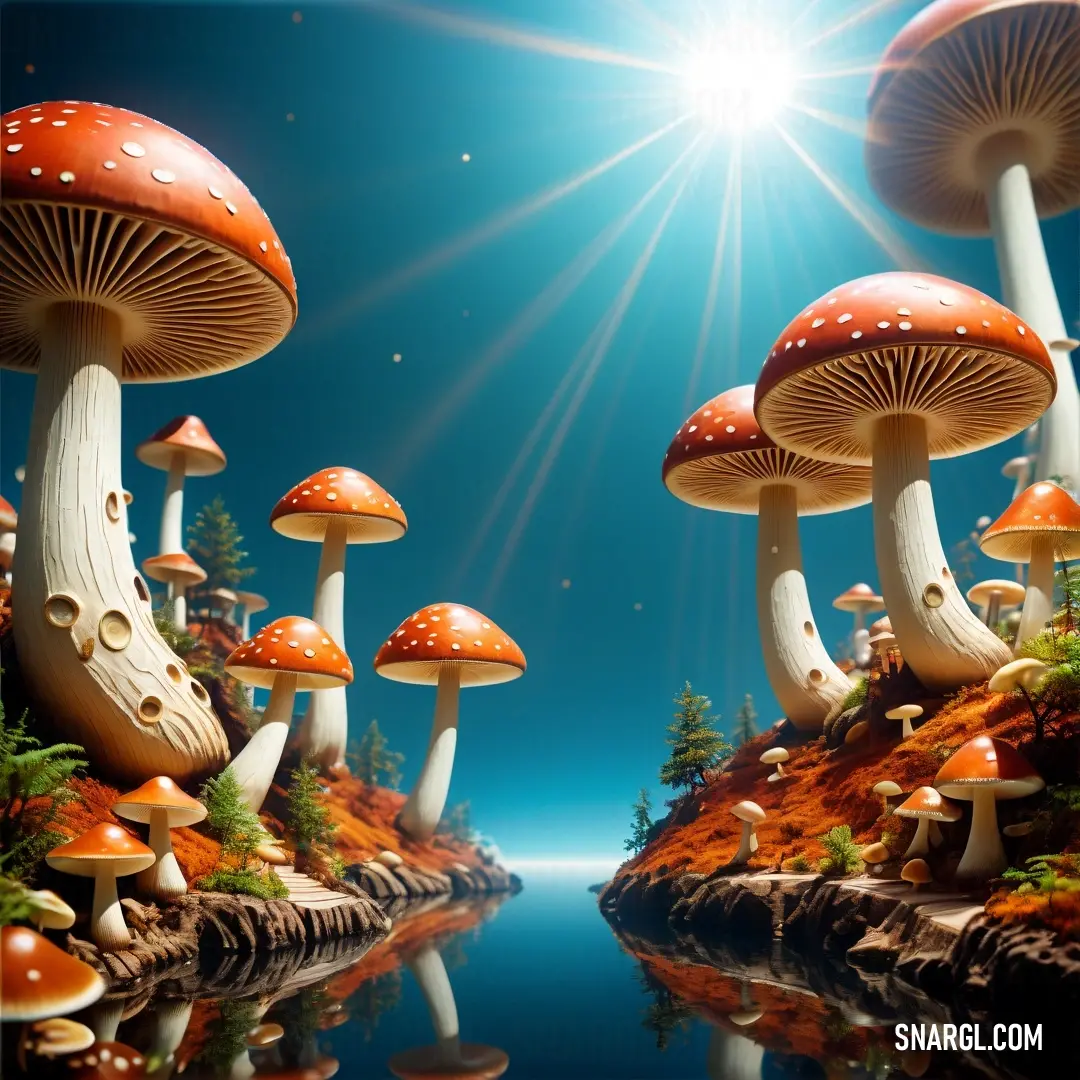 Group of mushrooms that are on a hill near water and grass with a bright sun shining in the background. Example of RGB 250,235,215 color.