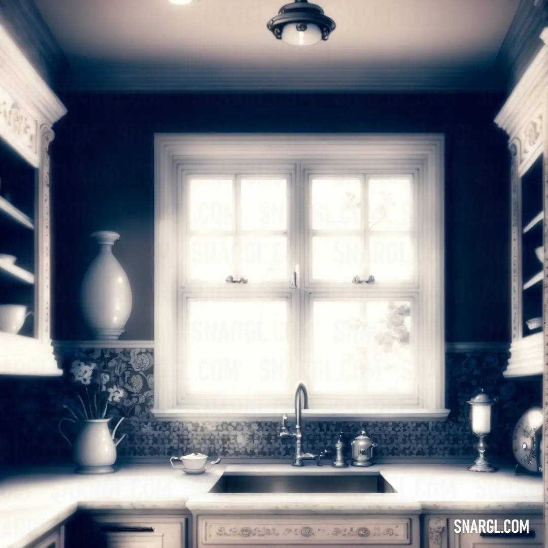 Kitchen with a sink and a window in it's corner with shelves and a vase on the counter