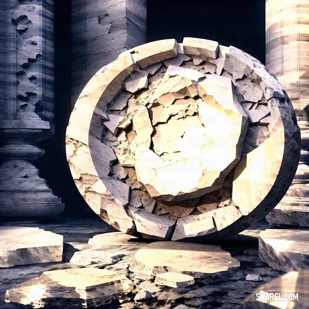 Large circular object on top of a floor next to columns and a water puddle in front of it