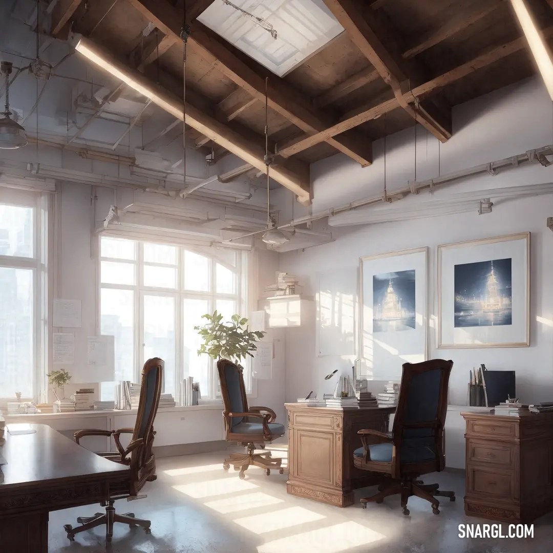 Large office with a desk and chairs in it's center room with a large window and a skylight