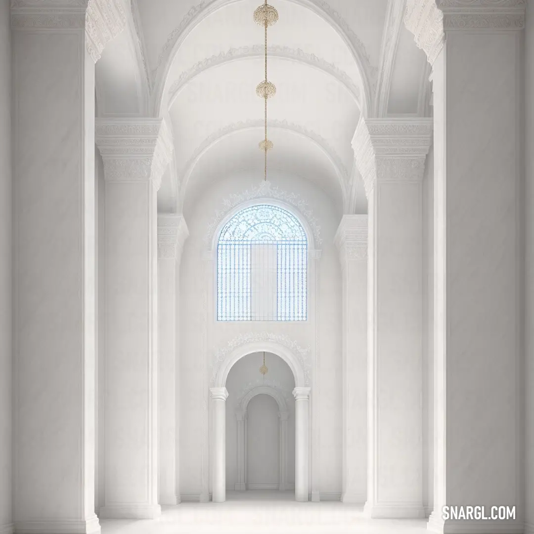 Large white room with a large arched window and a white floor