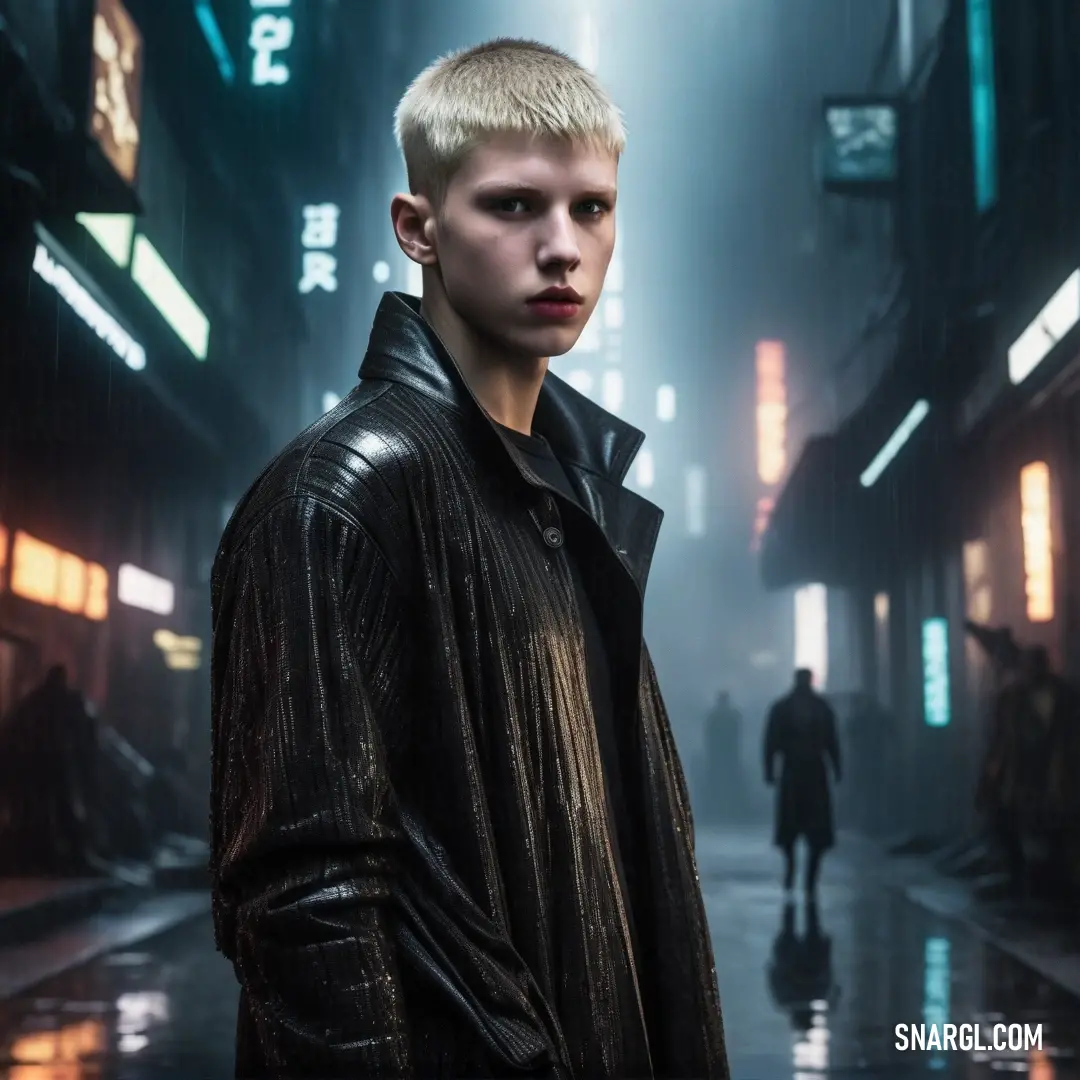 A dapper man in a sleek black leather jacket stands resolutely in a shadowy alley, the soft glow of ambient light highlighting his features, as the haunting atmosphere of the alley creates a captivating backdrop for his bold style.