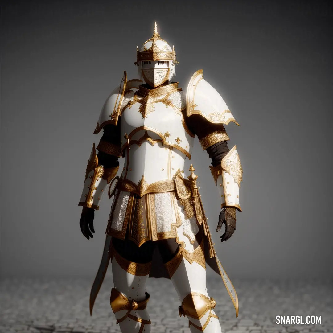 Man in a white and gold armor standing on a beach with a sword in his hand and a helmet on his head