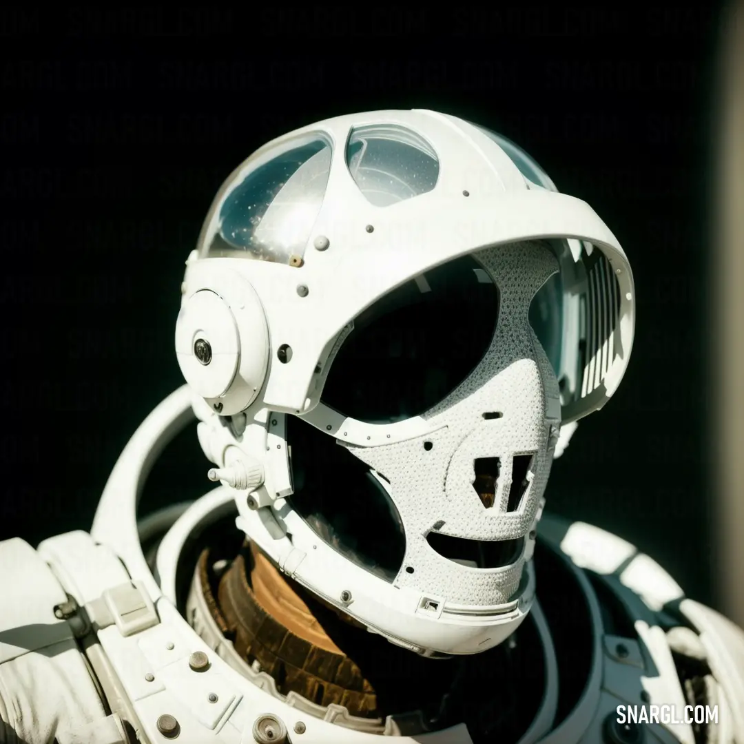 Man in a white space suit with a helmet on his head and a helmet on his face with a hole in the middle