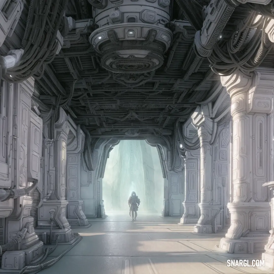Man walking through a tunnel in a futuristic city with columns and pillars on either side of the entrance