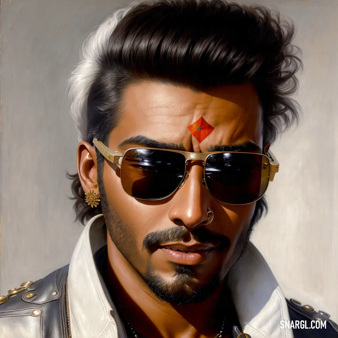 Man with a red star on his forehead wearing sunglasses and a leather jacket with a red star on his forehead