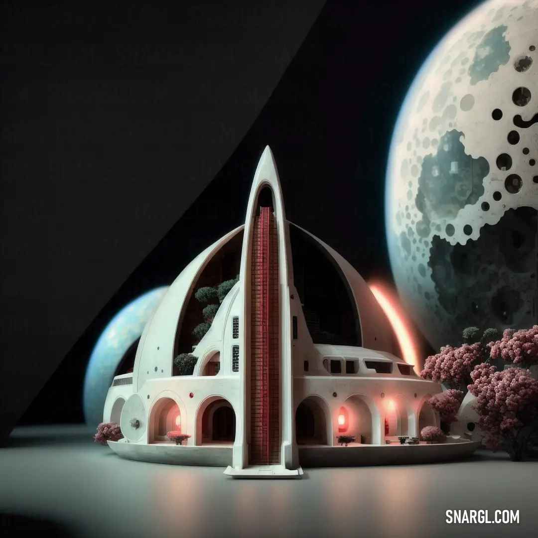 Model of a building with a moon in the background and a tree in the foreground