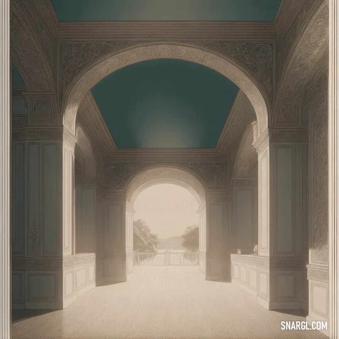 Painting of a hallway with a sky background and a blue ceiling with arches and pillars
