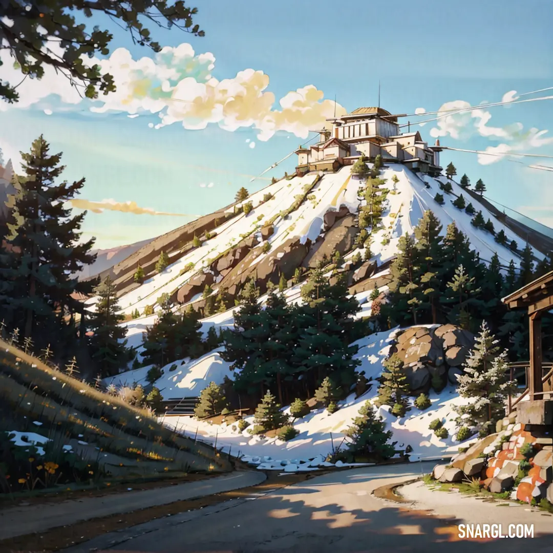 Painting of a mountain with a building on top of it and trees on the side of the road