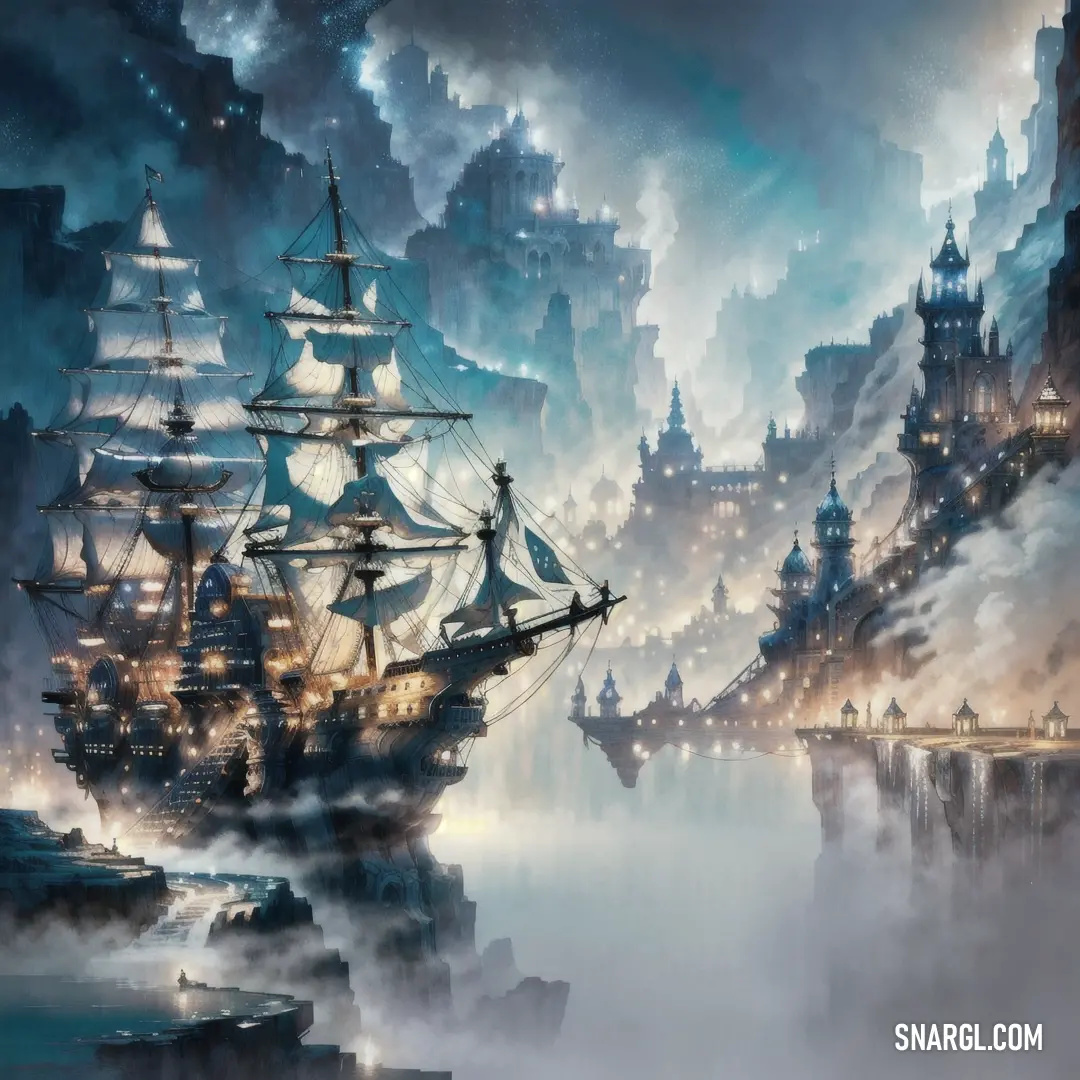 Painting of a ship in a foggy sea with a city in the background at night time with lights on