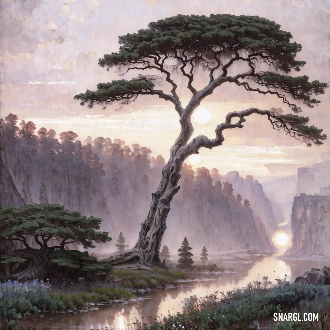 Painting of a tree in a mountainous area with a river and mountains in the background at sunset or dawn