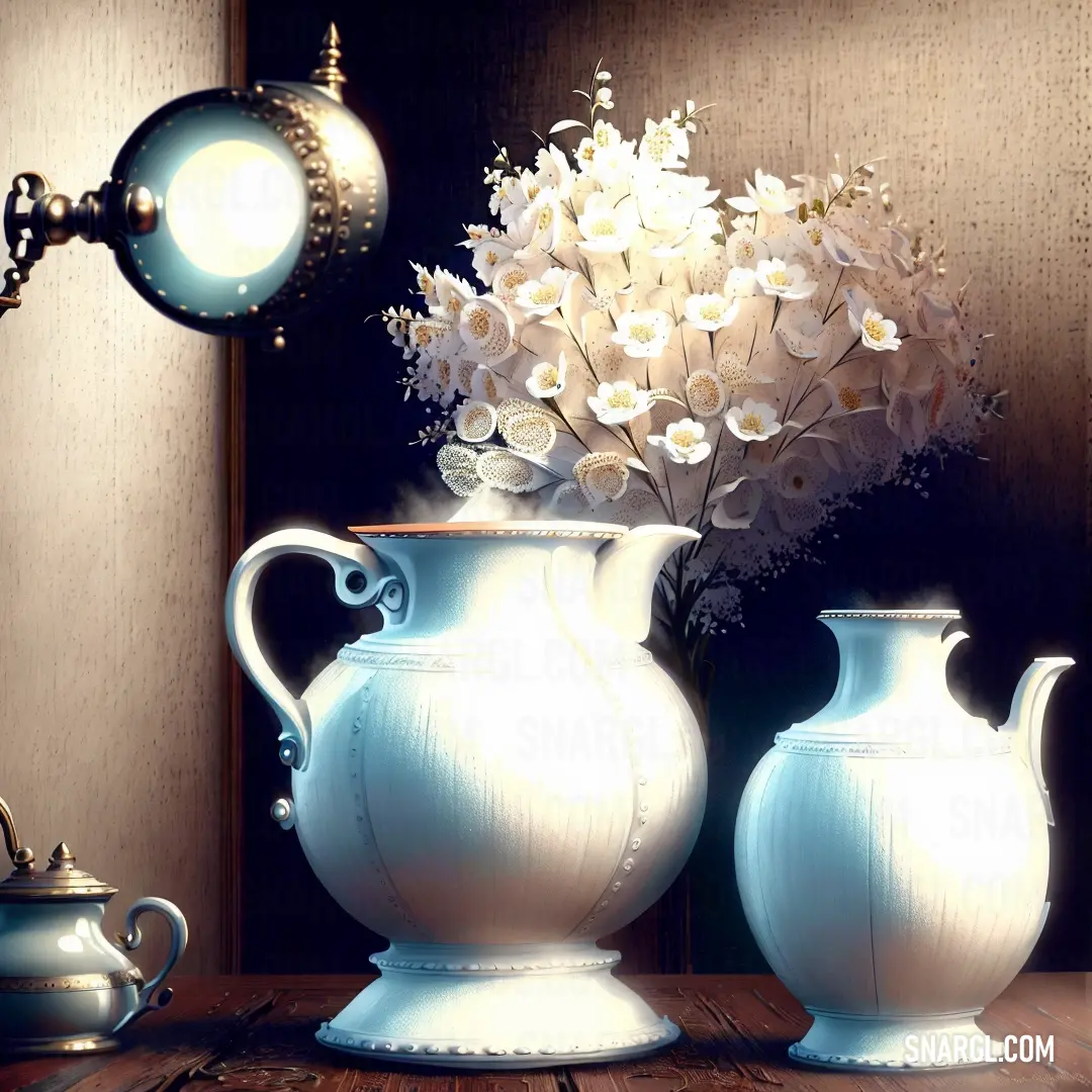 Painting of a vase with flowers in it and a teapot on a table next to it with a lamp