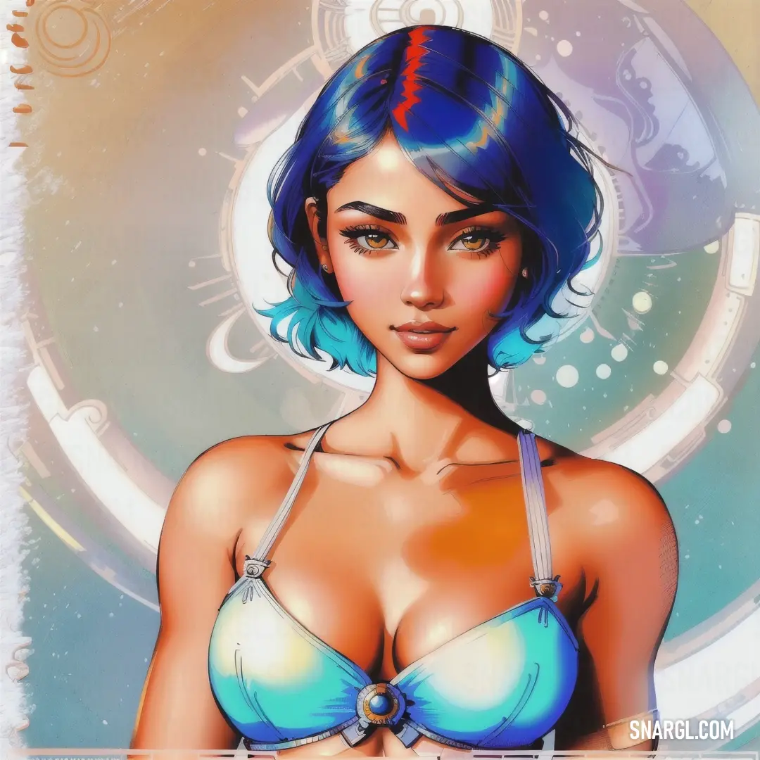 Painting of a woman with blue hair and bra top on a blue background