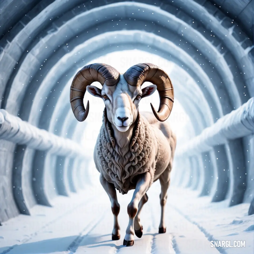 Ram is walking through a tunnel in the snow with snowflakes on the ground and snow on the ground. Example of RGB 250,235,215 color.