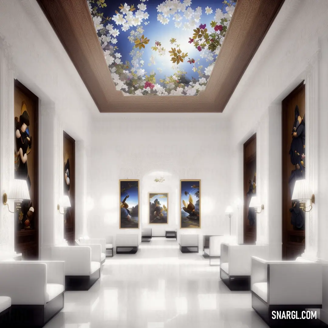 Room with a ceiling painted with flowers and paintings on the walls and ceiling lights on the ceiling