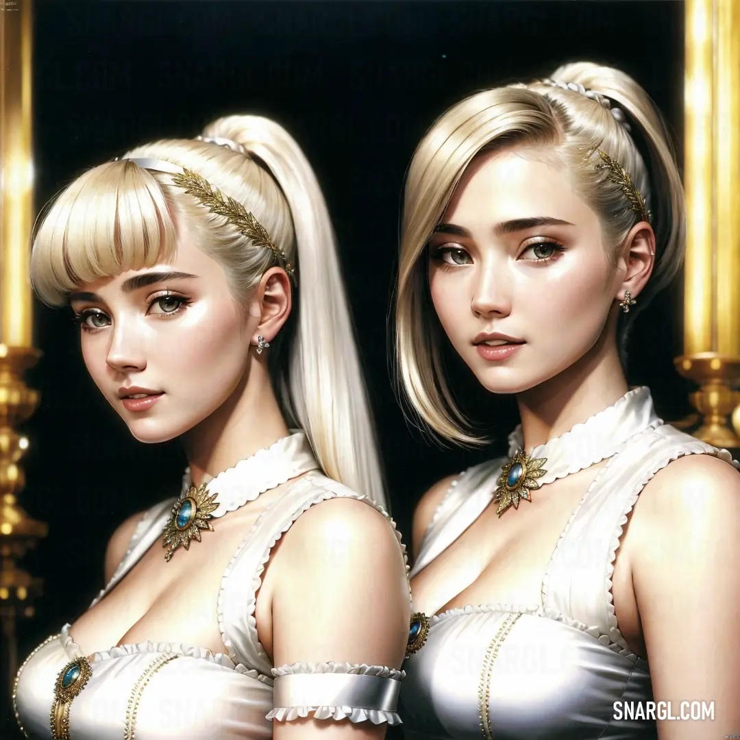 Two women in white dresses with gold jewelry on their heads and blonde hair