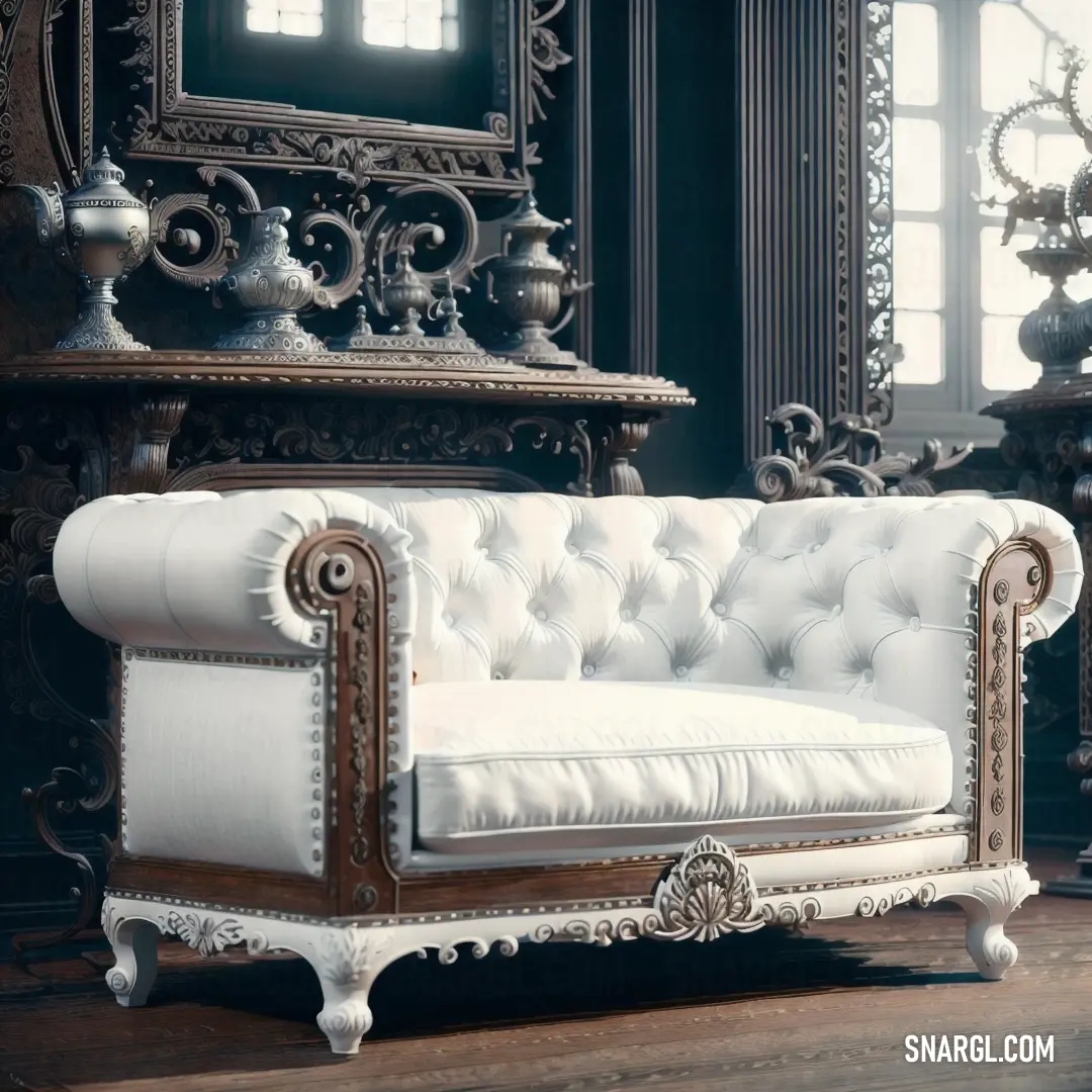 White couch in front of a mirror in a room with a wooden floor
